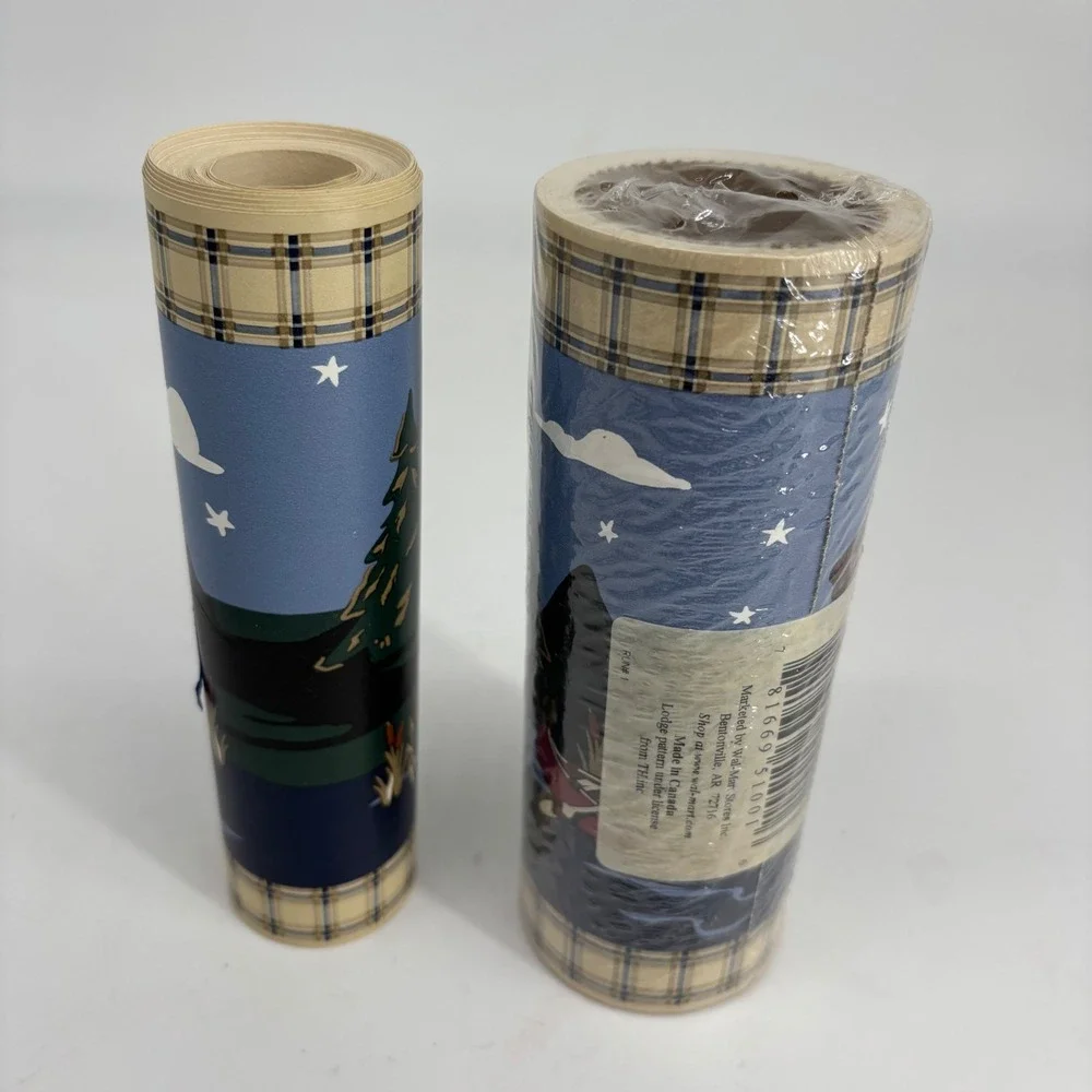 Jubilee Lodge Wall Border Prepasted Canoe Cabin Lake Pine Tree Plaid 1.5‎ rolls